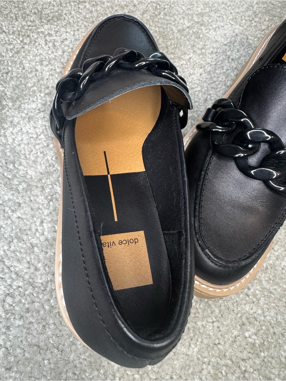 Dolce Vita Black Loafers with Chunky Black Chain and Tan Lug Sole - Picture 6 of 8